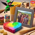 un tavolo con dei cuoricini colorati tridimensionali, una foto di bambini felici in africa, dei pacchi di pasta e un simbolo di pace, nello sfondo una befana sta scavalcando il parapetto con la sua scopa per volare